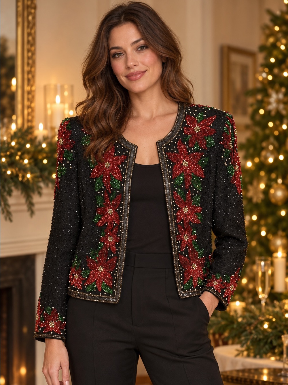 VTG Laurence Kazar Silk Beaded Poinsettia Jacket M